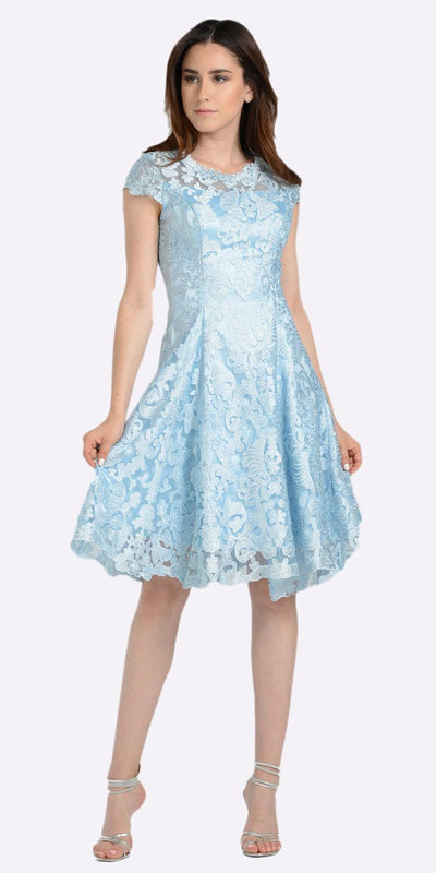A-line Short Sleeves Appliqued Knee Length Cocktail Dress Blue