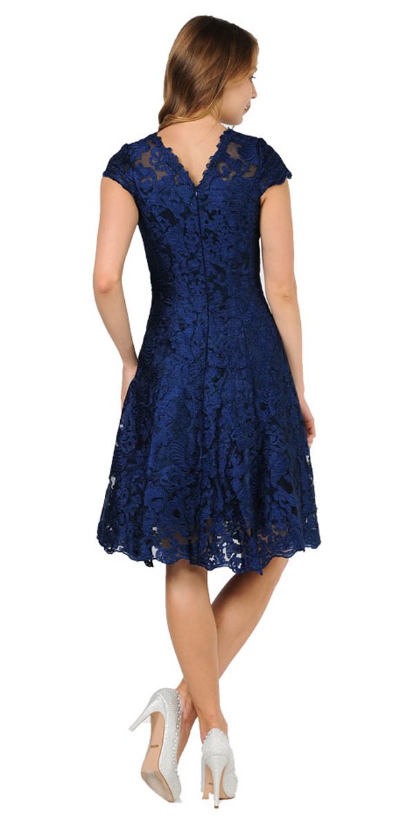 A-line Short Sleeves Appliqued Knee Length Cocktail Dress Navy Blue Back View