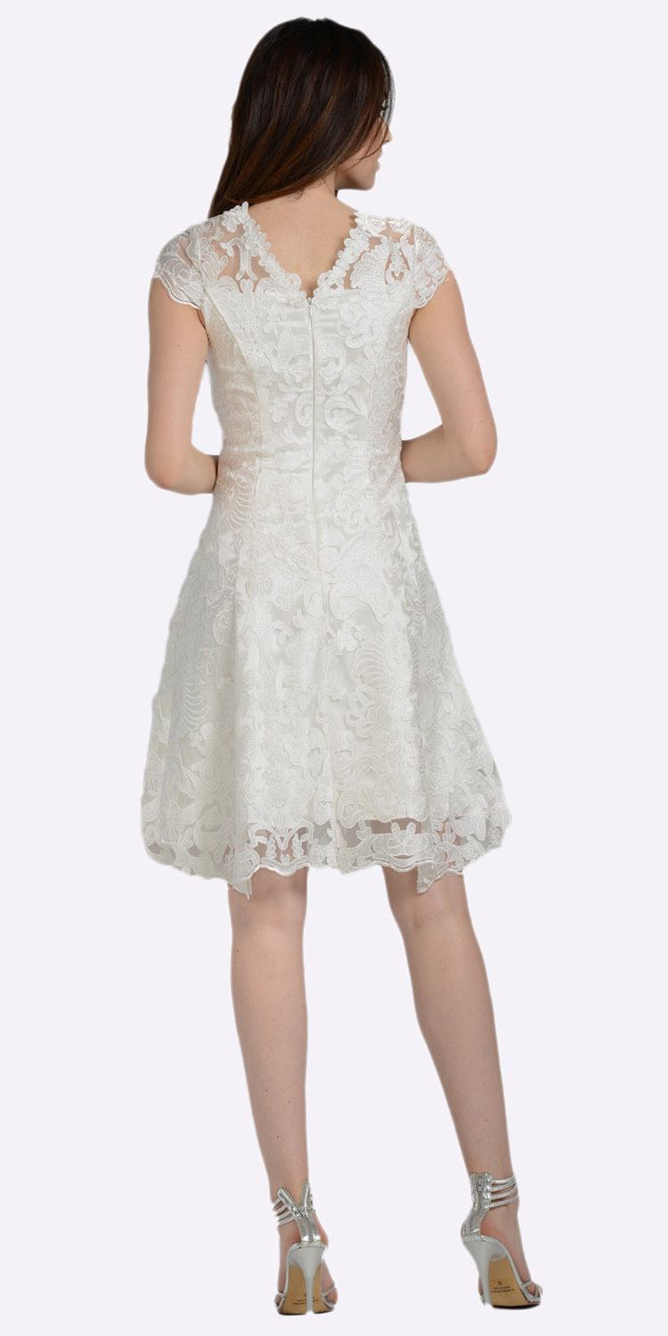 A-line Short Sleeves Appliqued Knee Length Cocktail Dress Off White