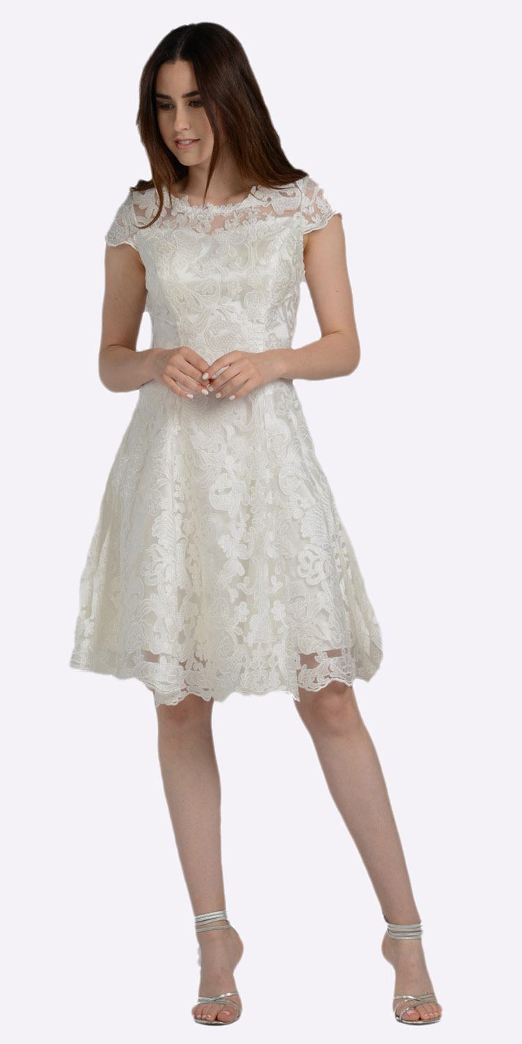 A-line Short Sleeves Appliqued Knee Length Cocktail Dress Off White