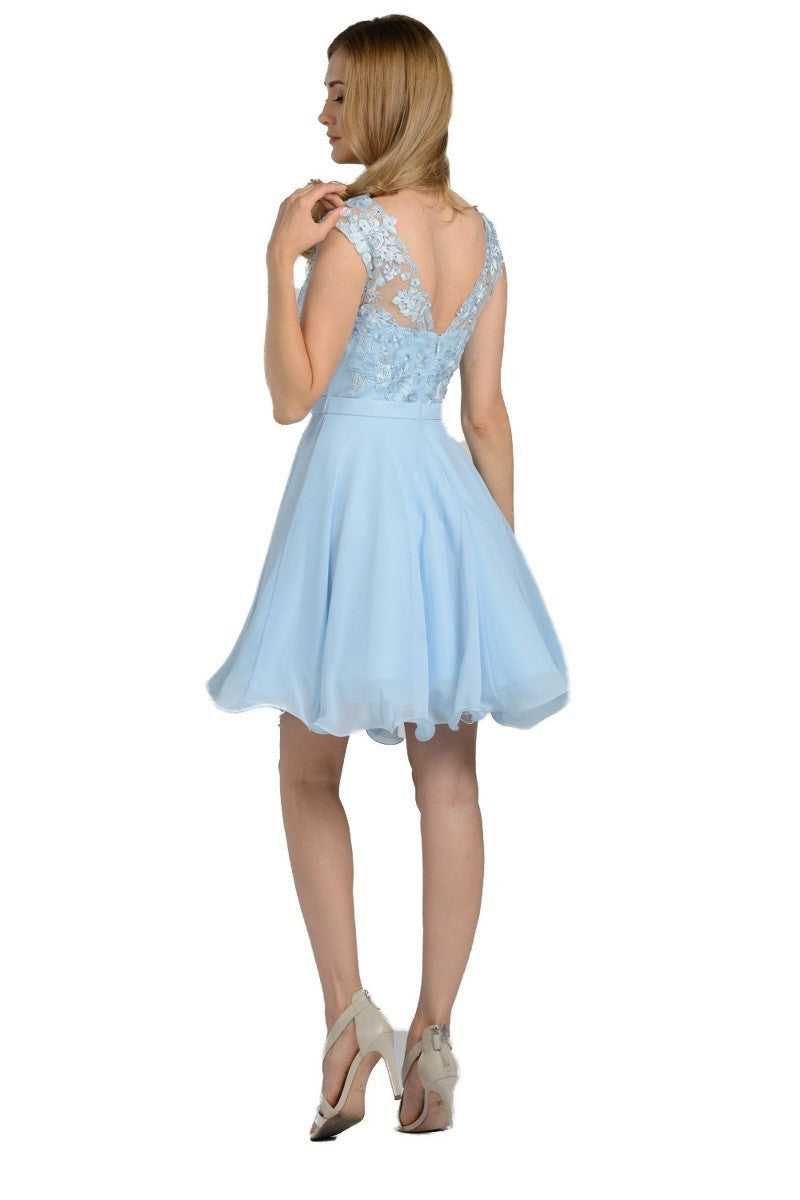 Illusion V-Neck Appliqued Bodice Homecoming Short Dress Blue