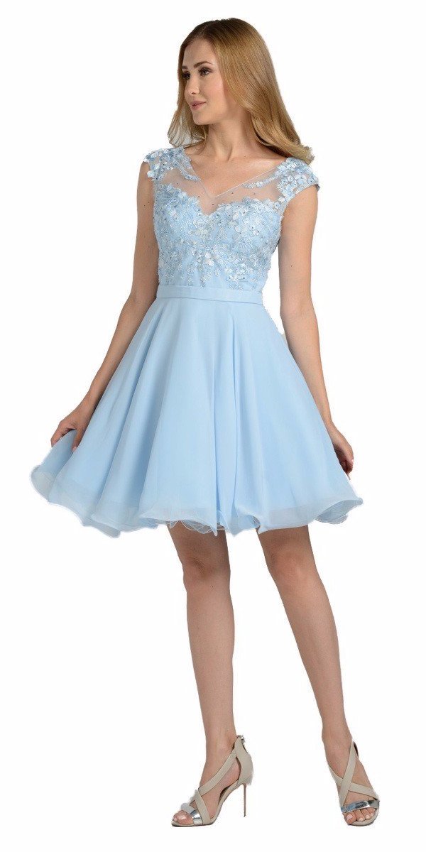 Illusion V-Neck Appliqued Bodice Homecoming Short Dress Blue