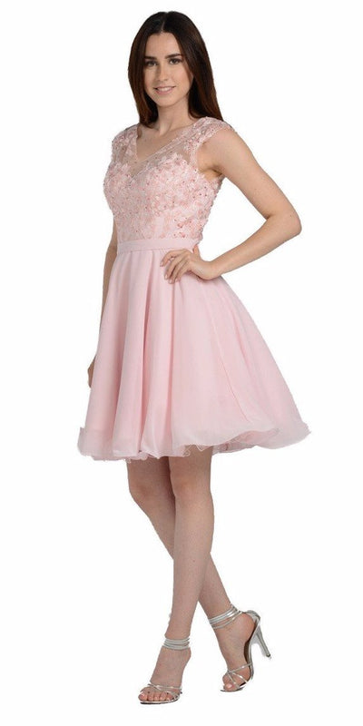 Illusion V-Neck Appliqued Bodice Homecoming Short Dress Blush