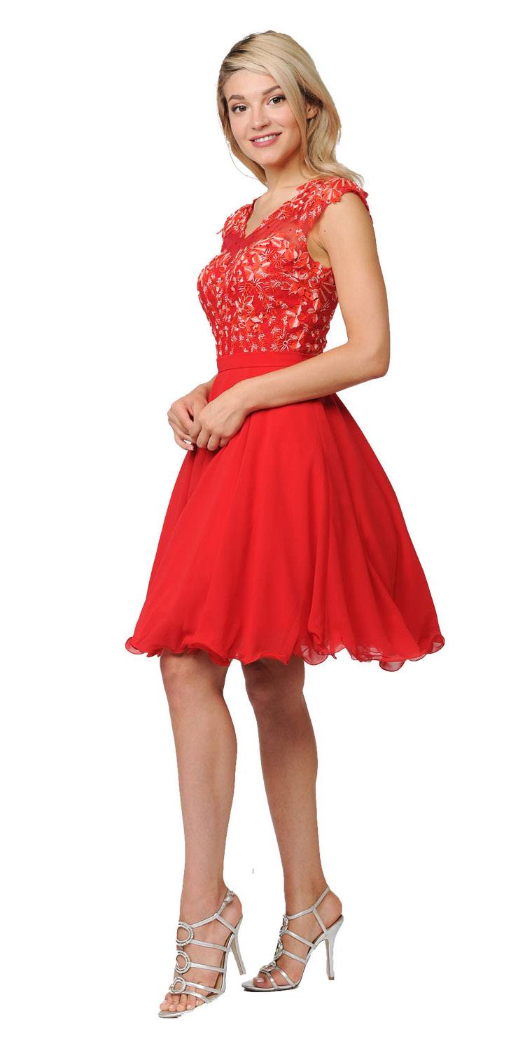 Poly USA Red Illusion V-Neck Appliqued Bodice Homecoming Short Dress Back View
