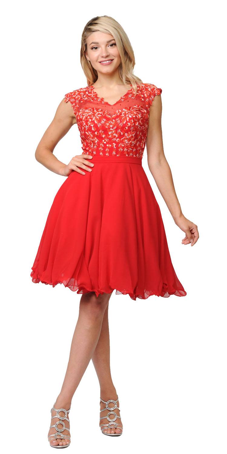 Poly USA Red Illusion V-Neck Appliqued Bodice Homecoming Short Dress