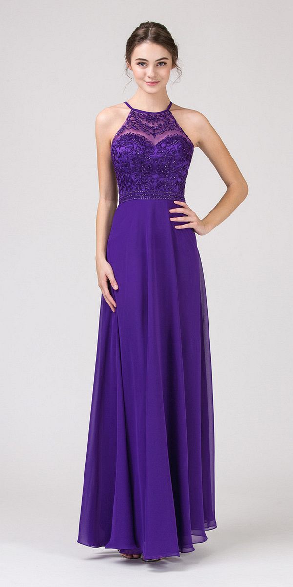 Eureka Fashion 8111 Purple Halter A-line Long Formal Dress Lace Appliqued Bodice 