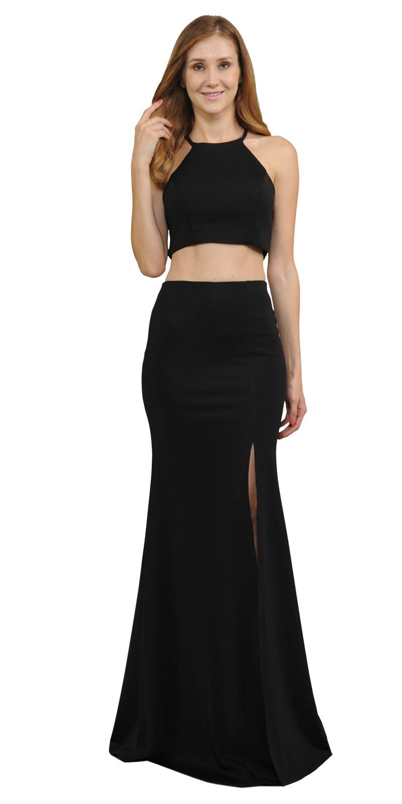 Halter Black Two-Piece Long Prom Dress with Slit