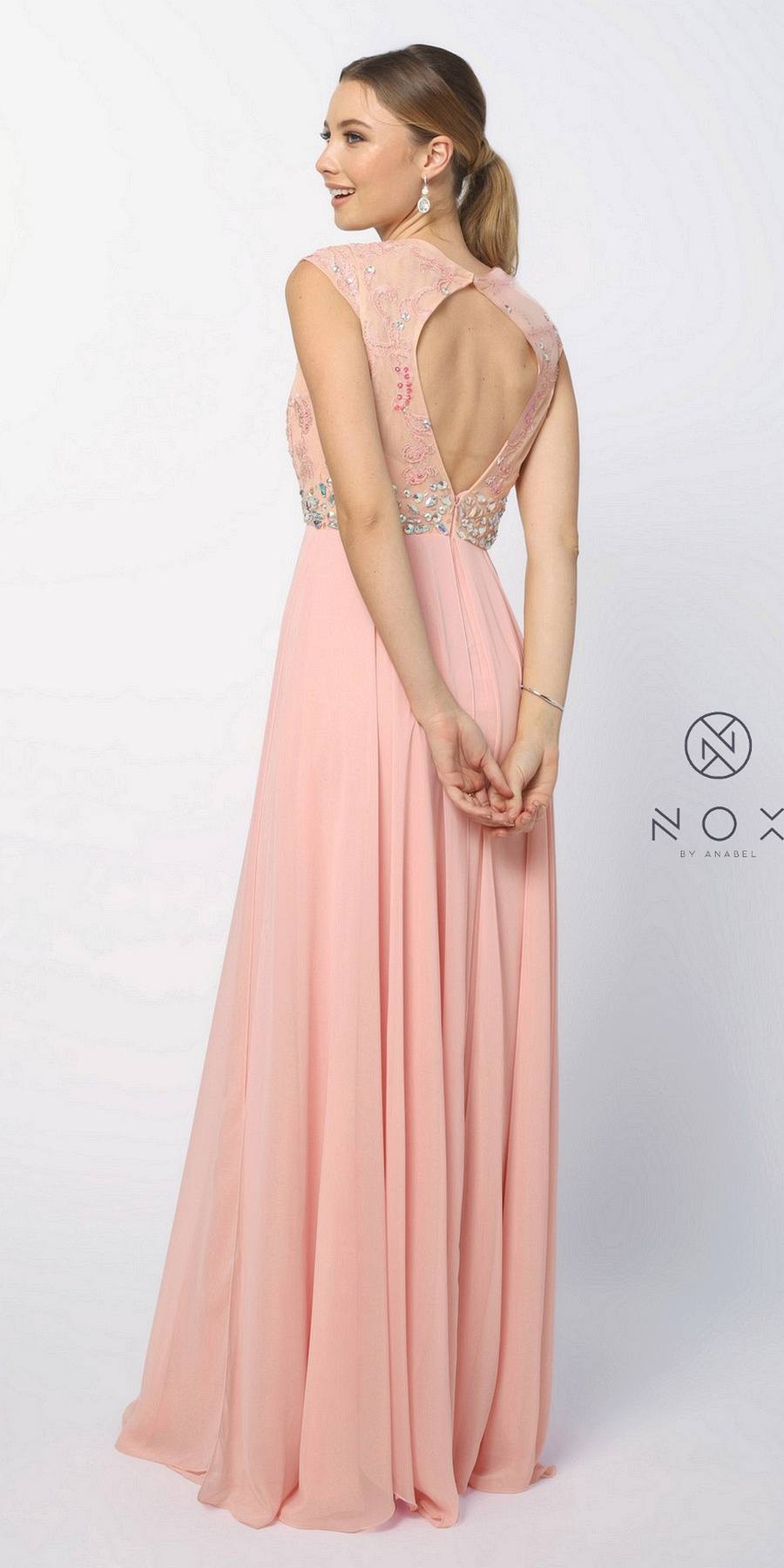 Nox Anabel 8128 Gorgeous Chiffon A Line Prom Gown Bashful Pink Cap Sleeves