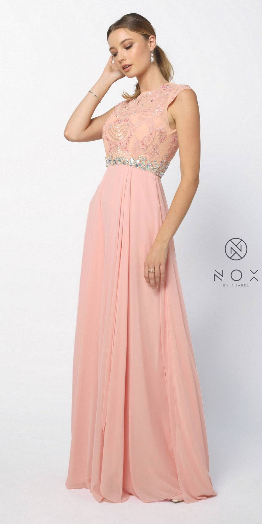 Nox Anabel 8128 Gorgeous Chiffon A Line Prom Gown Bashful Pink Cap Sleeves