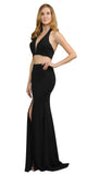 V-Neck Crop Top Two-Piece Black Long Prom Dress