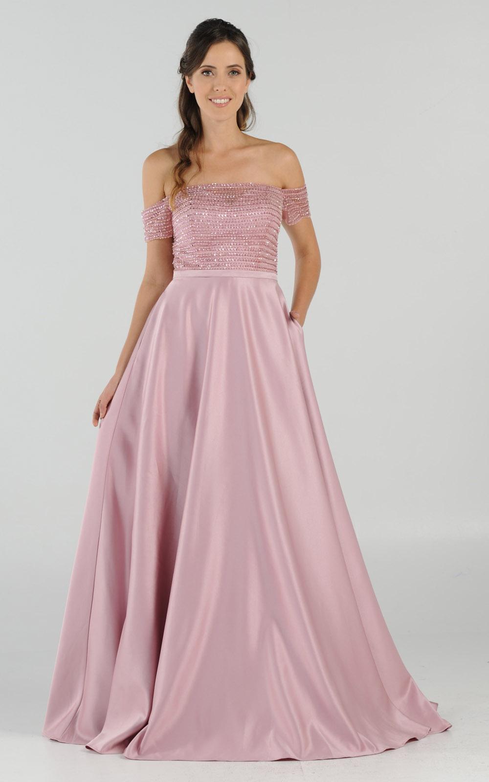 Mauve Off-the-Shoulder Beaded Long Prom Dress with Pockets