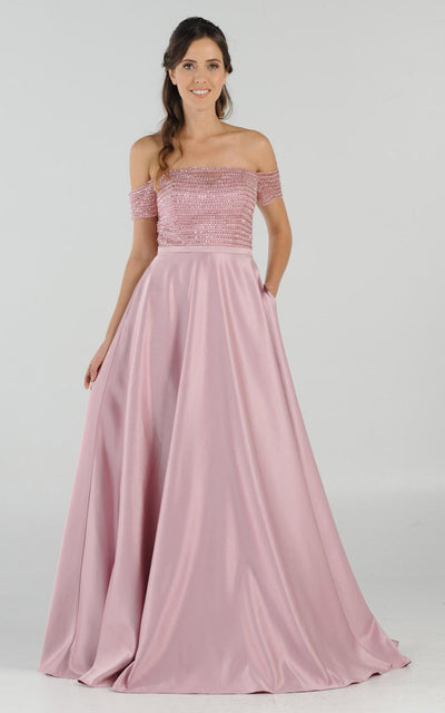 Mauve Off-the-Shoulder Beaded Long Prom Dress with Pockets