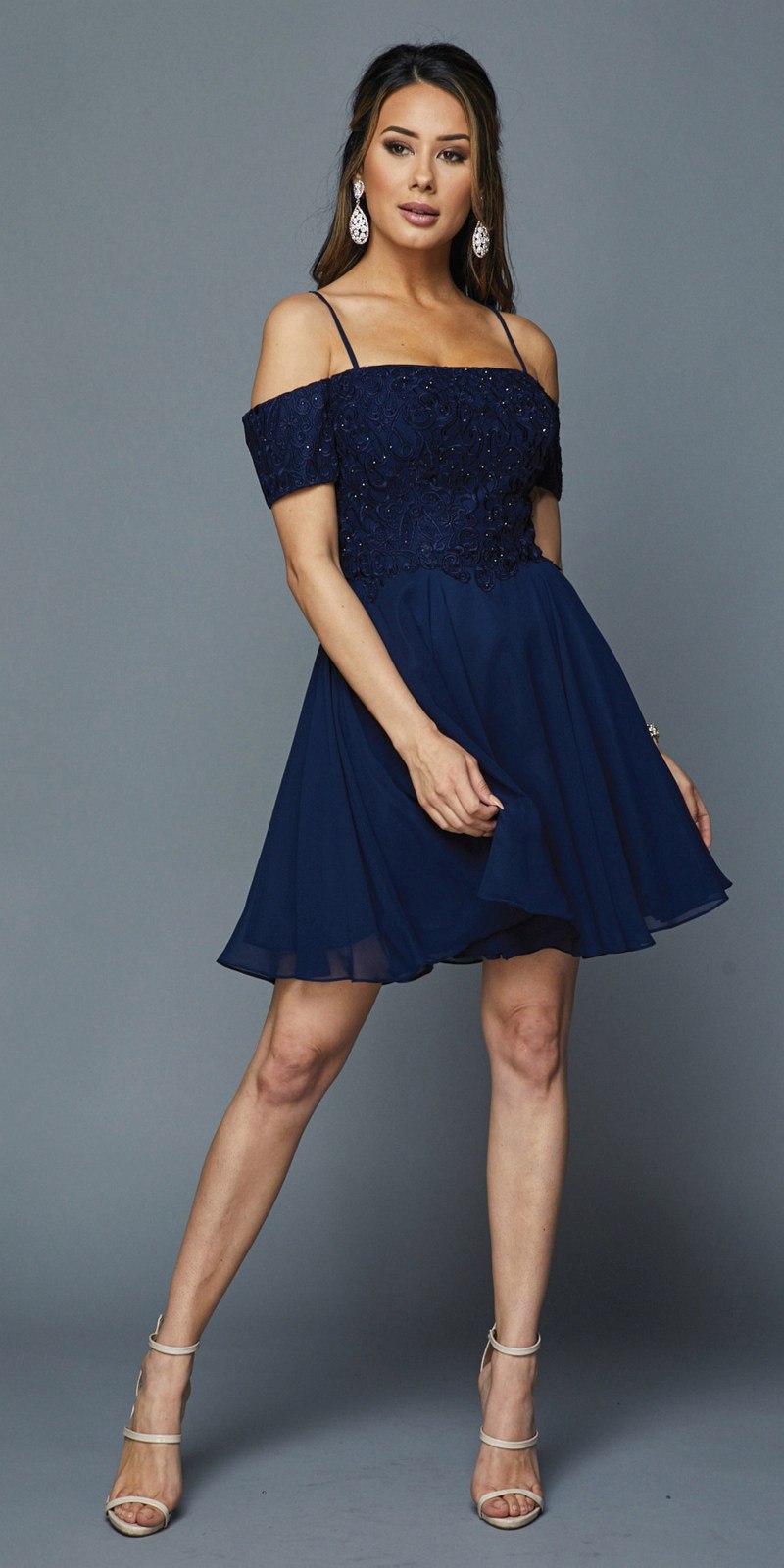 Juliet 814 Navy Blue Homecoming Short Dress with Cold-Shoulder