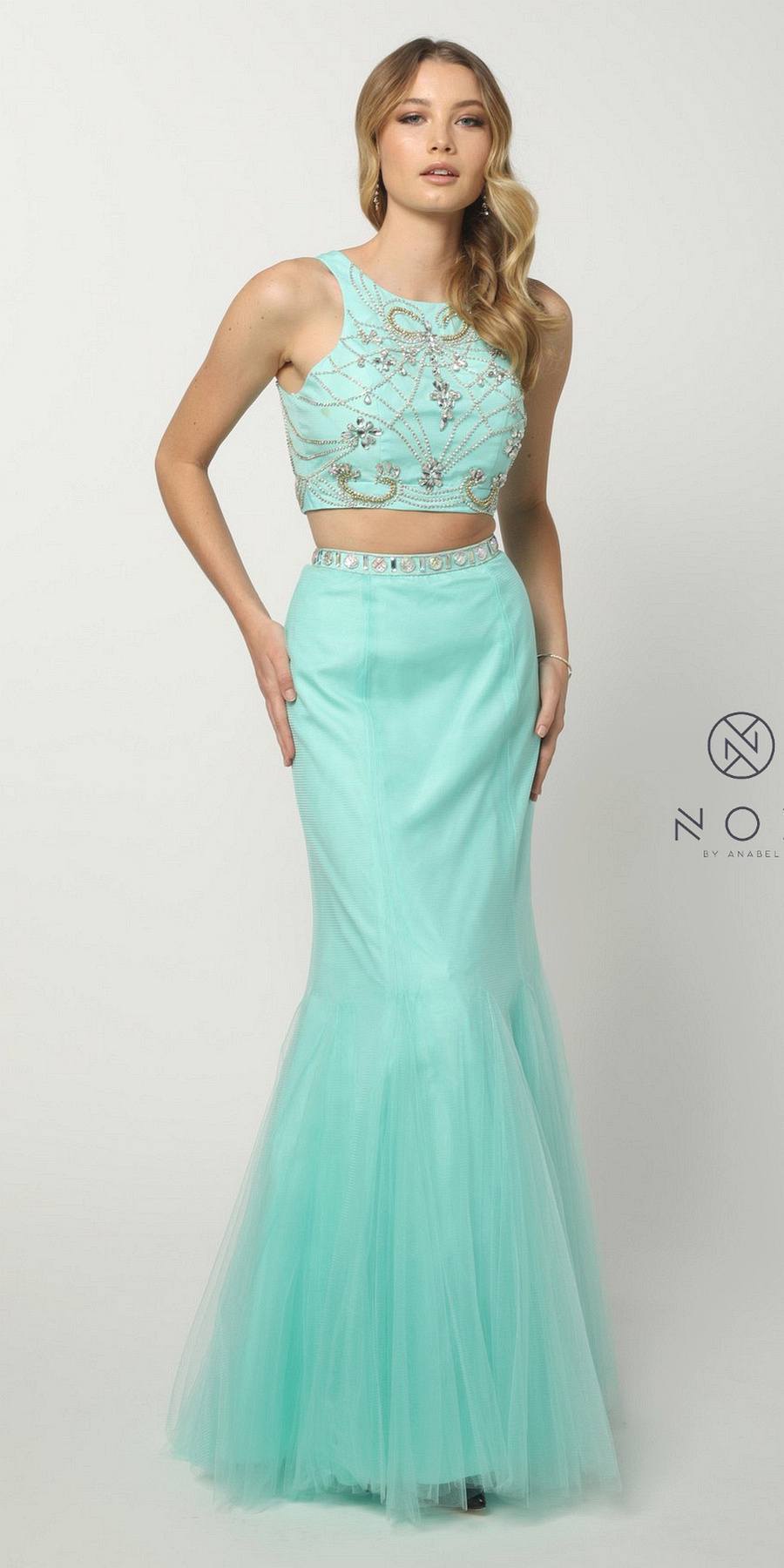 Nox Anabel 8156 Hot Trend Two Piece Prom Gown Mint Green Mermaid Tulle Skirt