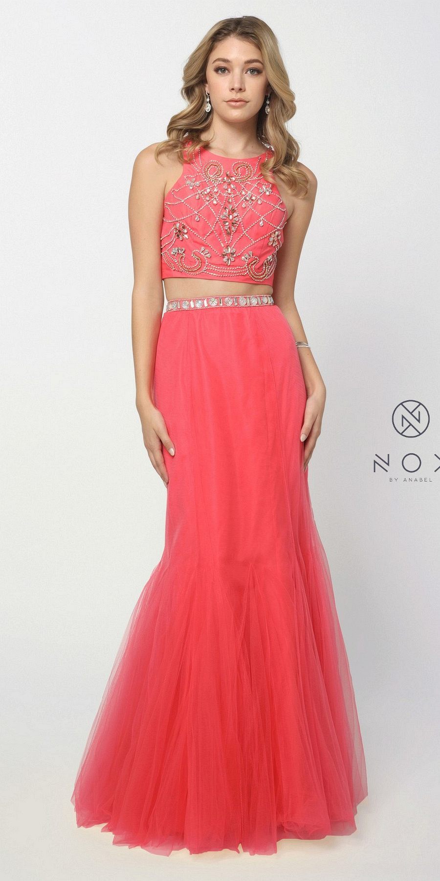 Nox Anabel 8156 Hot Trend Two Piece Prom Gown Watermelon Mermaid Tulle Skirt