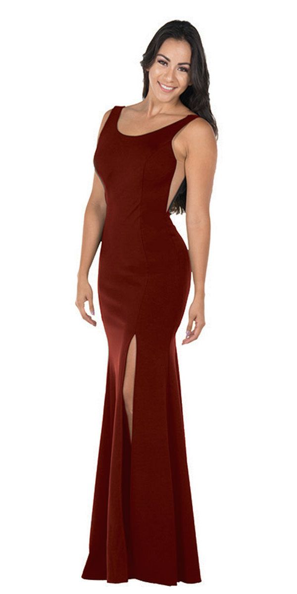 Poly USA 8168 Burgundy Long Formal Dress with Sheer Side Cut-Outs and Slit