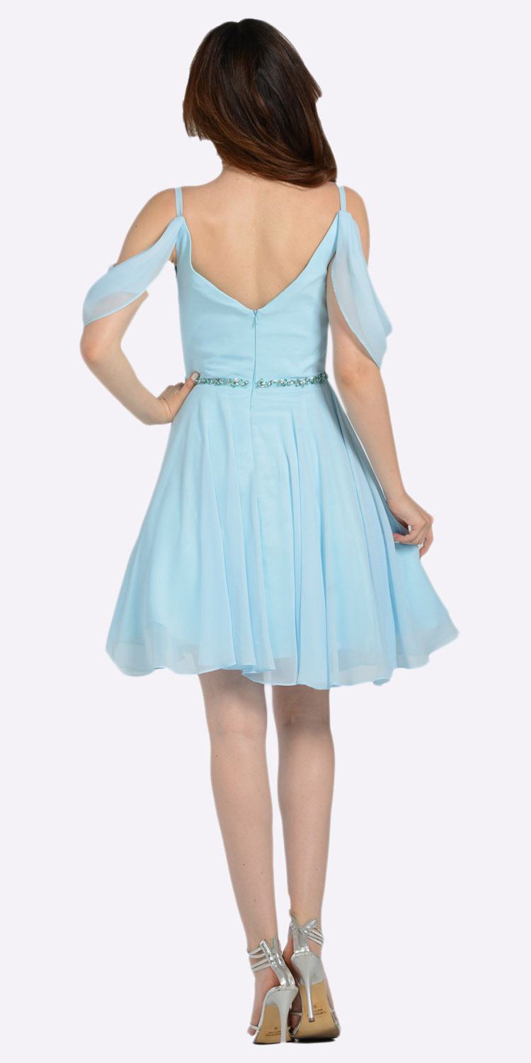 Blue Cold Shoulder Homecoming Short Dress V-Neck 
