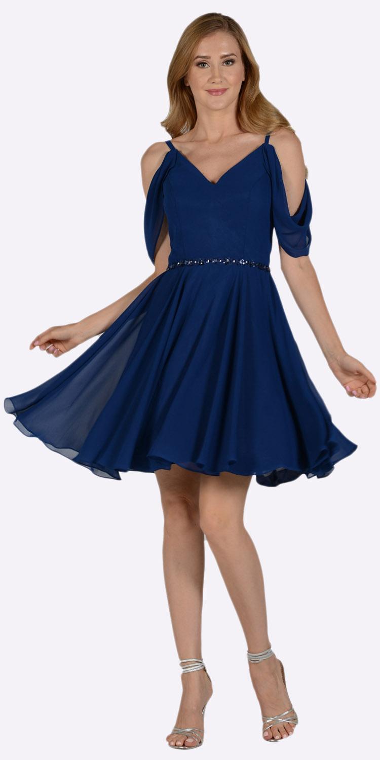 Navy Blue Cold Shoulder Homecoming Short Dress V-Neck 