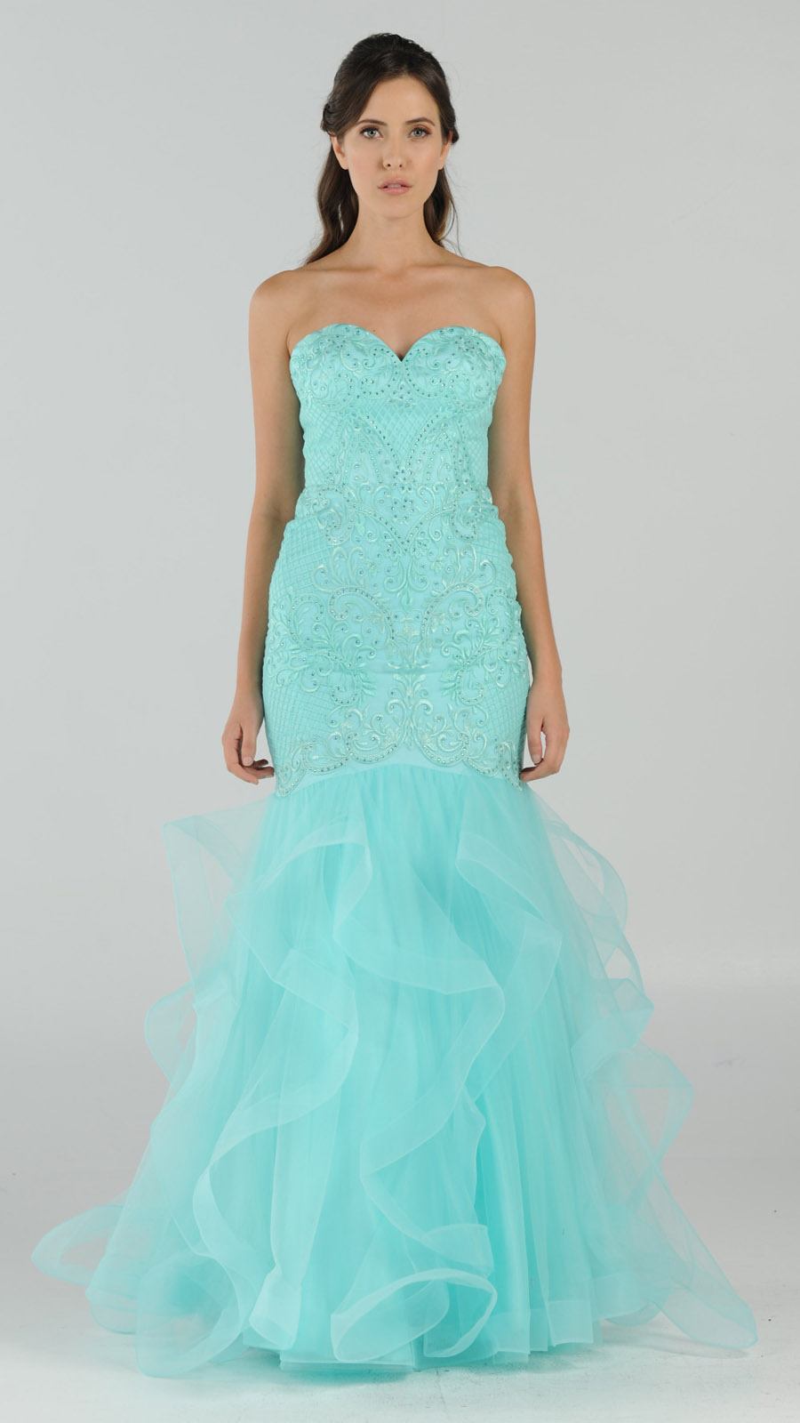 Strapless Tiered Mermaid Long Prom Dress Embroidered Aqua