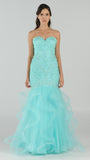 Strapless Tiered Mermaid Long Prom Dress Embroidered Aqua