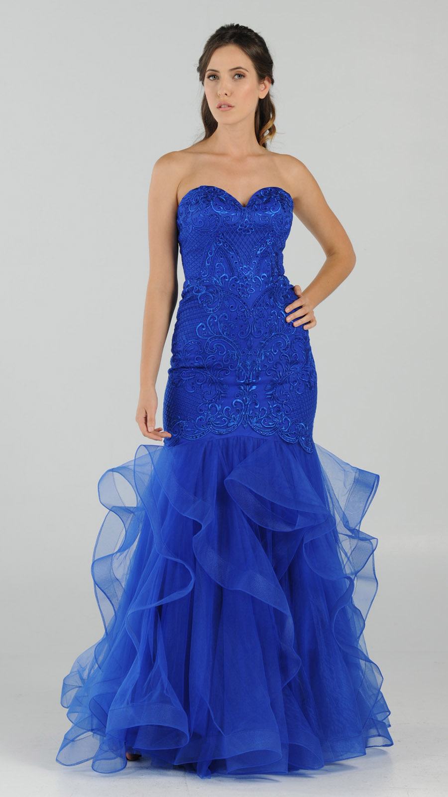 Strapless Tiered Mermaid Long Prom Dress Embroidered Royal Blue