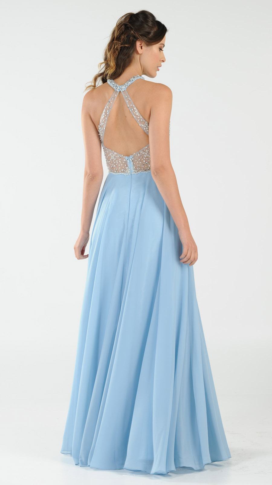 Halter Sheer Beaded Bodice Keyhole Neckline Long Prom Dress Ice Blue