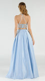 Blue Two-Piece Long Prom Dress Satin Skirt with Pockets