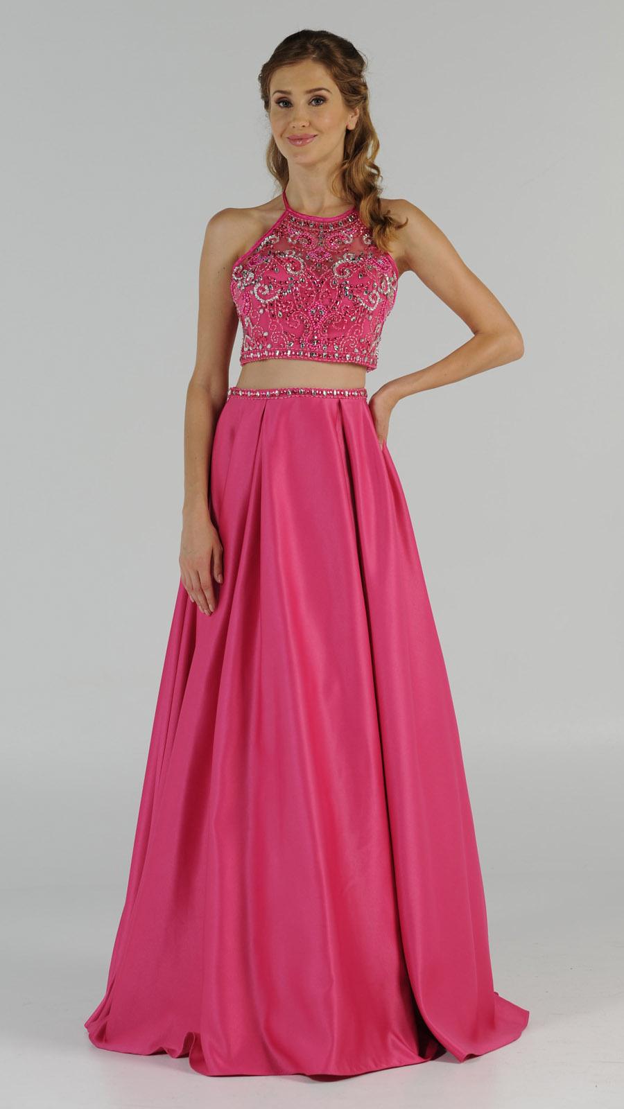 Hot Pink Two-Piece Long Prom Dress Satin Skirt with Pockets