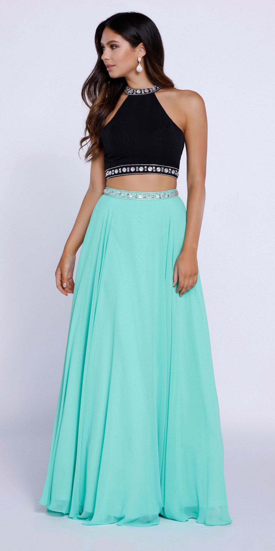 Chiffon Black and Mint Beaded Two-Piece Halter Prom Dress