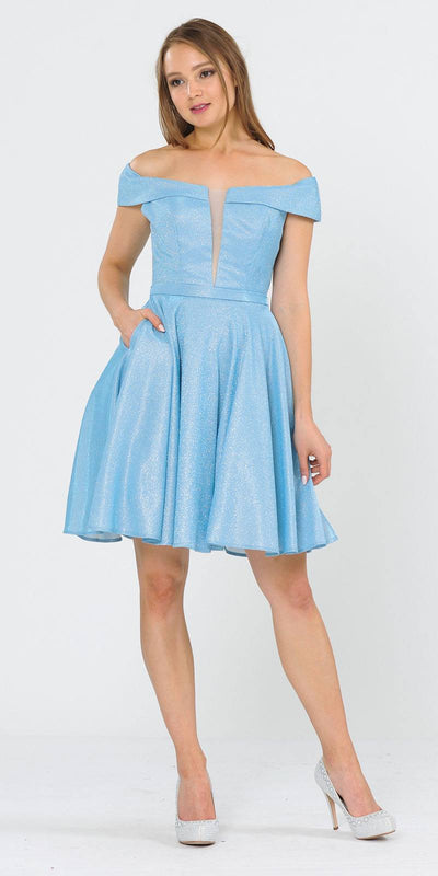 Poly USA 8224 Off-Shoulder Blue Homecoming Short Dress with Pockets