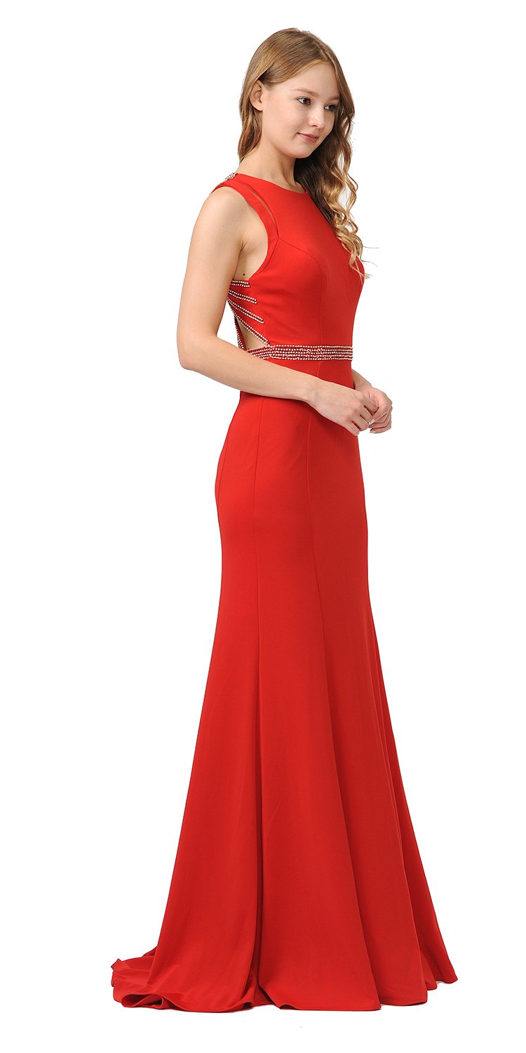 Red Sleeveless Long Prom Dress Beaded Open Back
