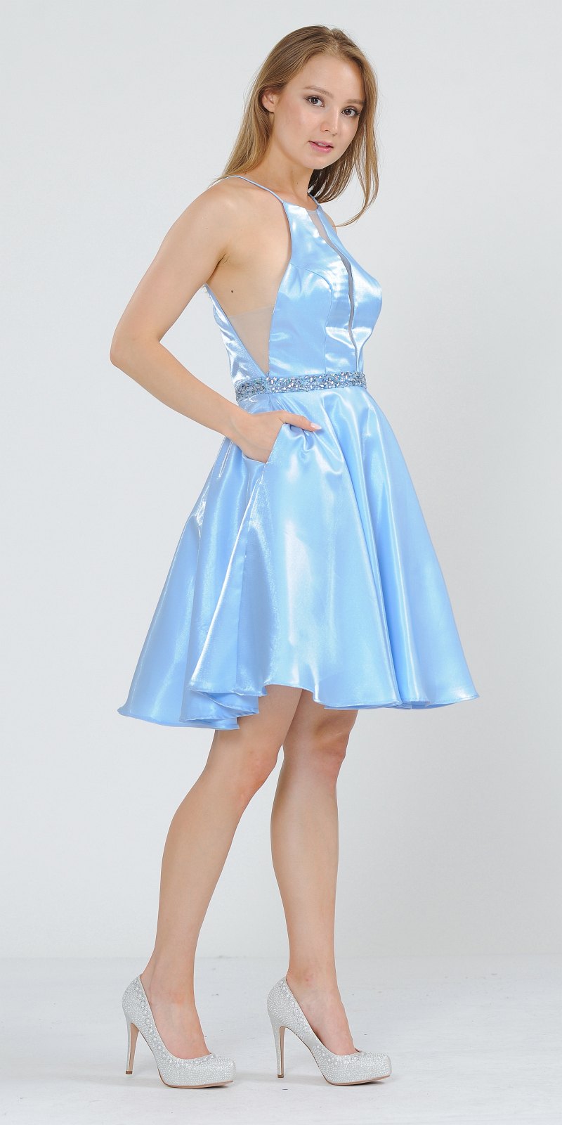 Poly USA 8236 Halter with Pockets Short Homecoming Dress Baby Blue