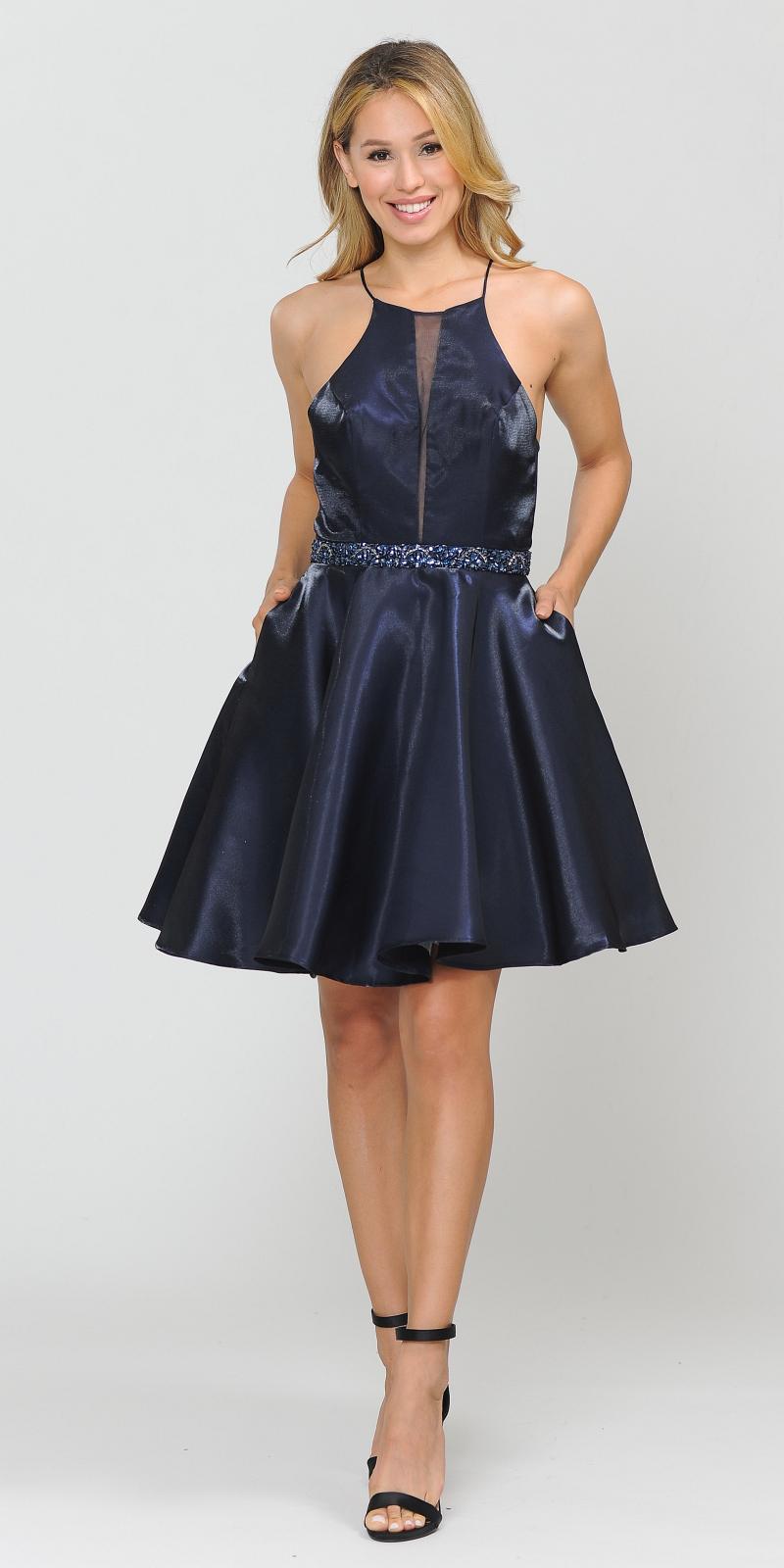Poly USA 8236 Halter with Pockets Short Homecoming Dress Navy Blue