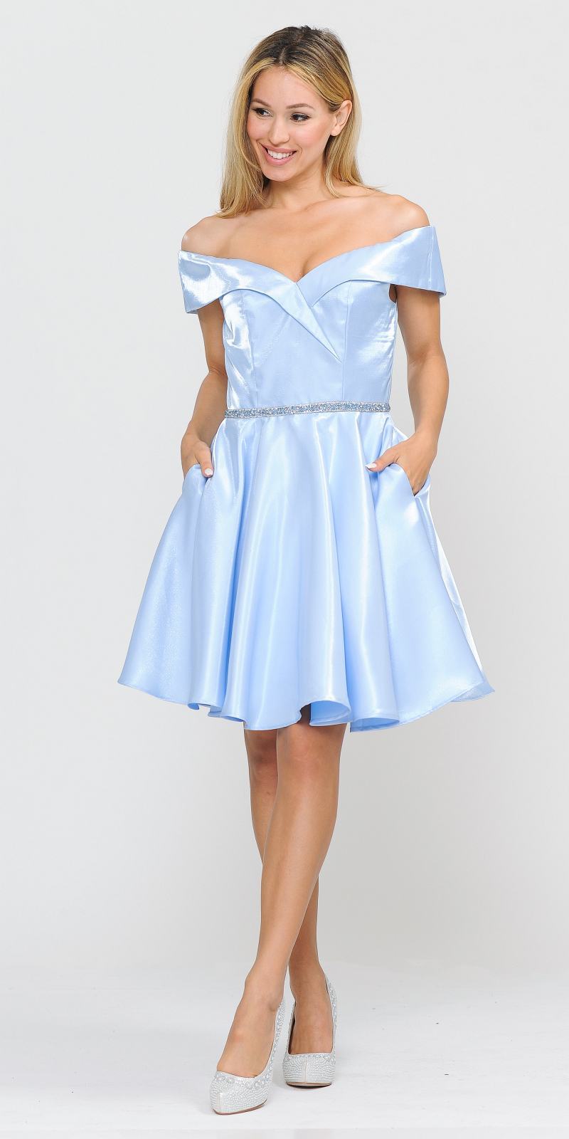 Poly USA 8238 Baby Blue Off-Shoulder Homecoming Short Dress with Pockets