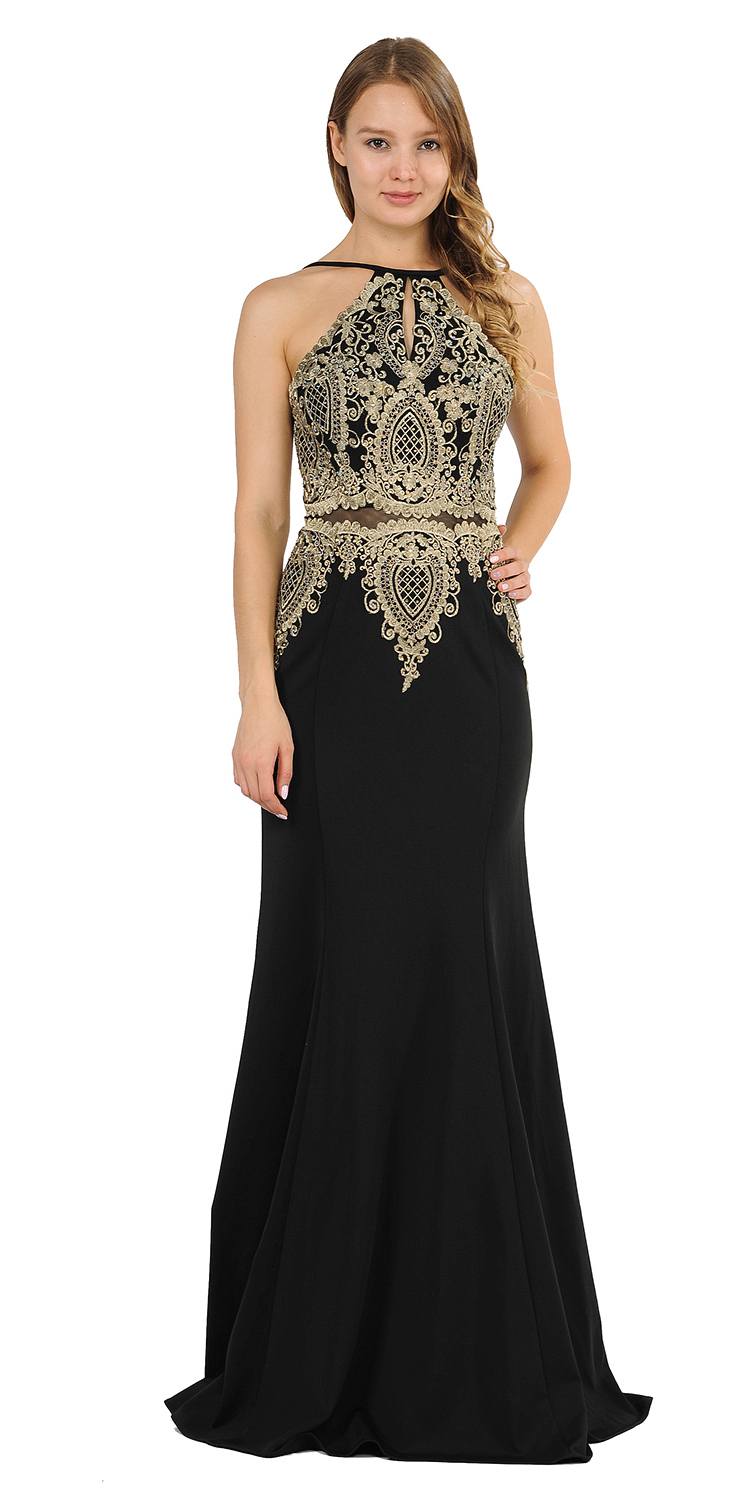 Keyhole Neck Appliqued Long Prom Dress Black