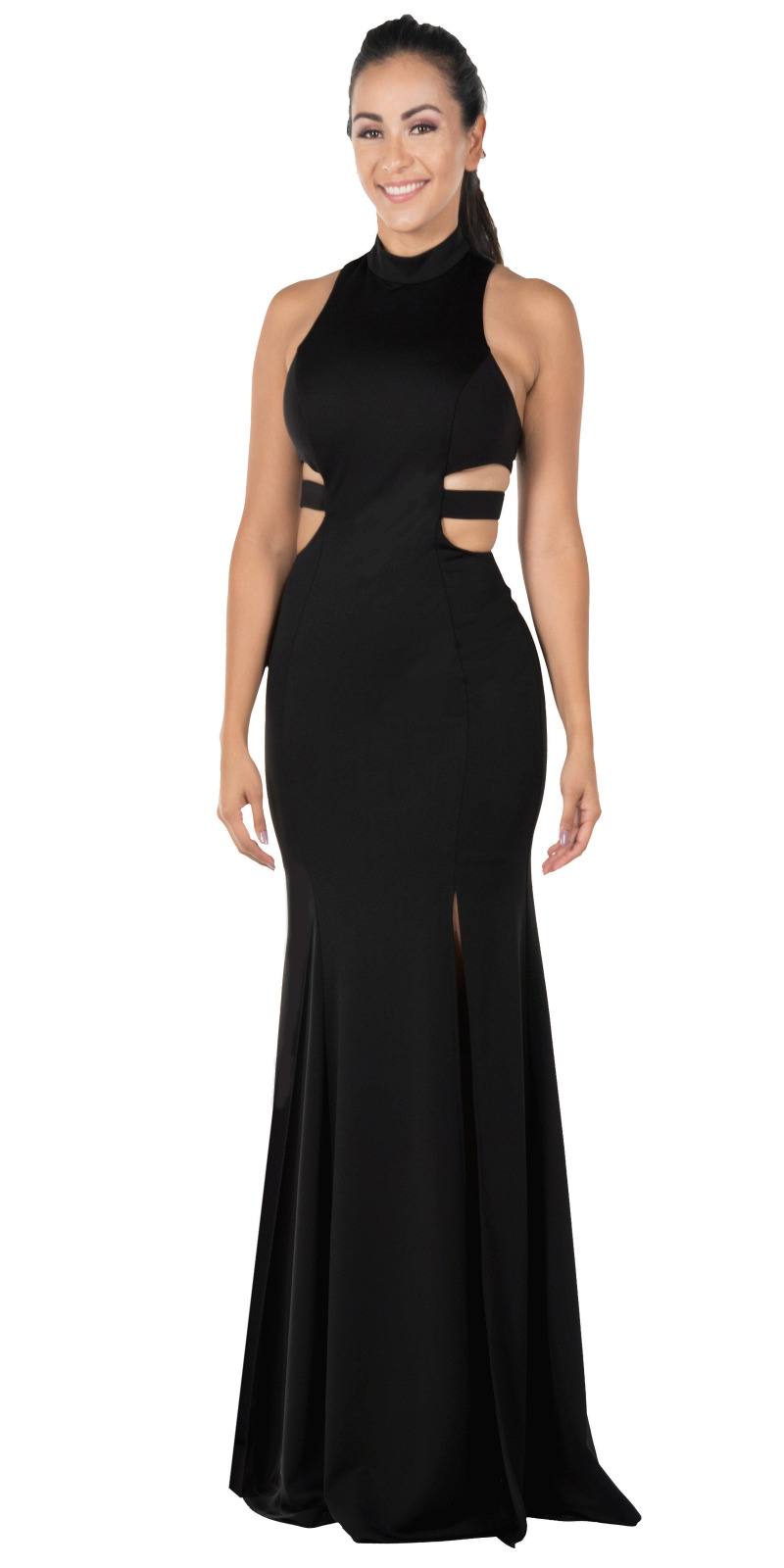 Black Racer Back Long Prom Dress with Side Cut-Outs