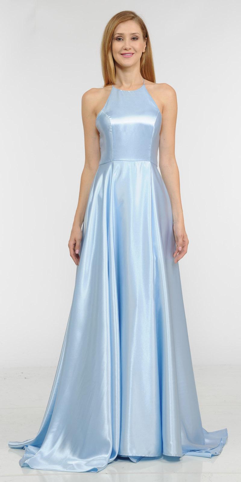 Blue Faux-Wrap Floor Length Prom Dress Strappy Open Back