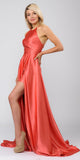 Coral Faux-Wrap Floor Length Prom Dress Strappy Open Back