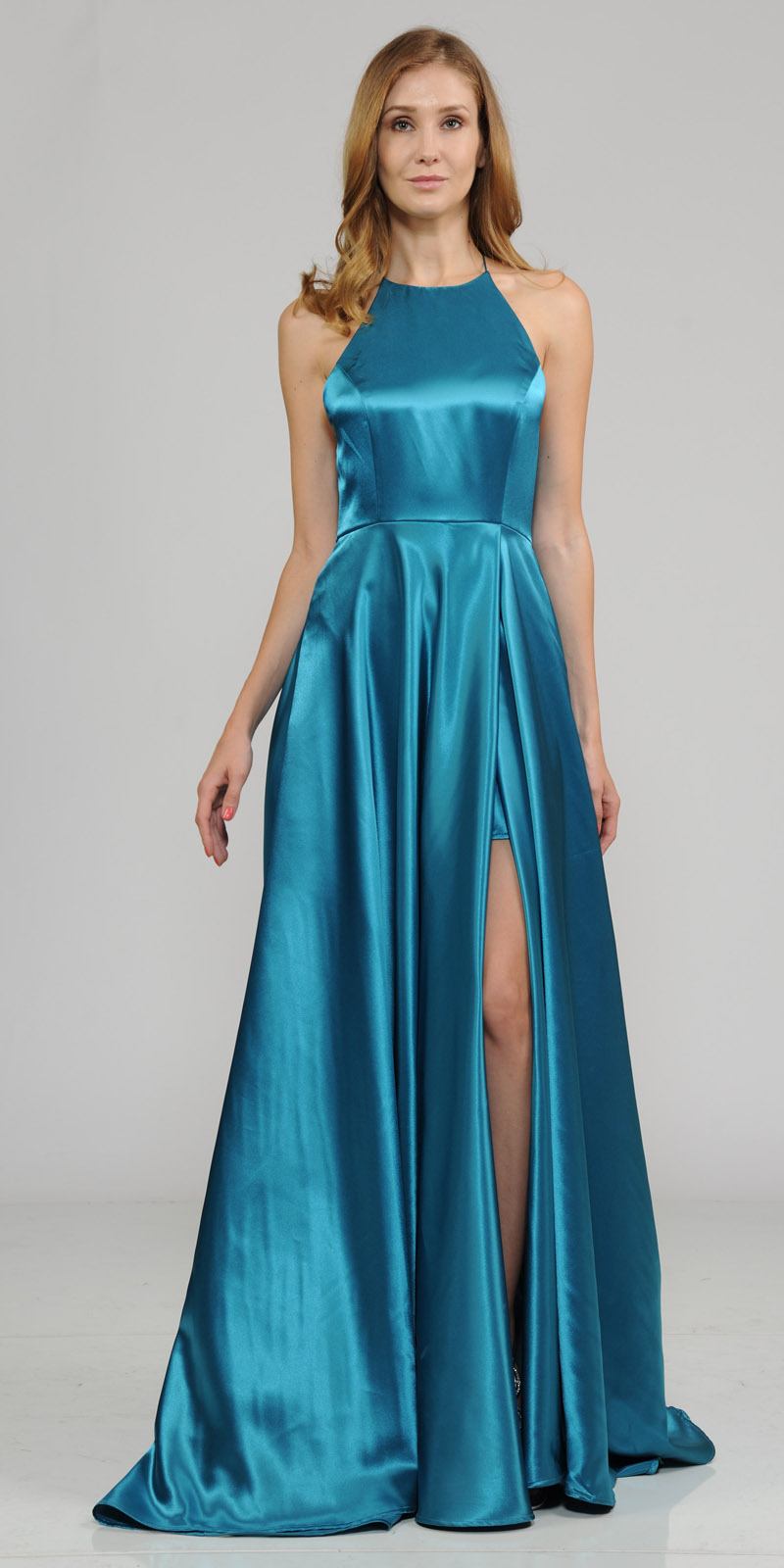 Teal Faux-Wrap Floor Length Prom Dress Strappy Open Back