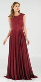 Burgundy Cap Sleeves Embroidered Long Formal Dress with Slit