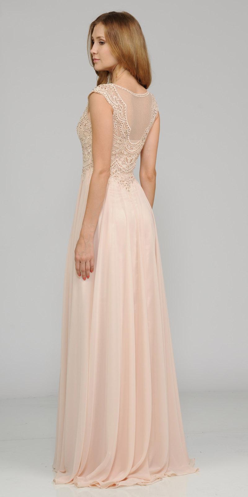 Champagne Cap Sleeves Embroidered Long Formal Dress with Slit