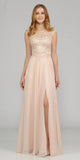 Champagne Cap Sleeves Embroidered Long Formal Dress with Slit