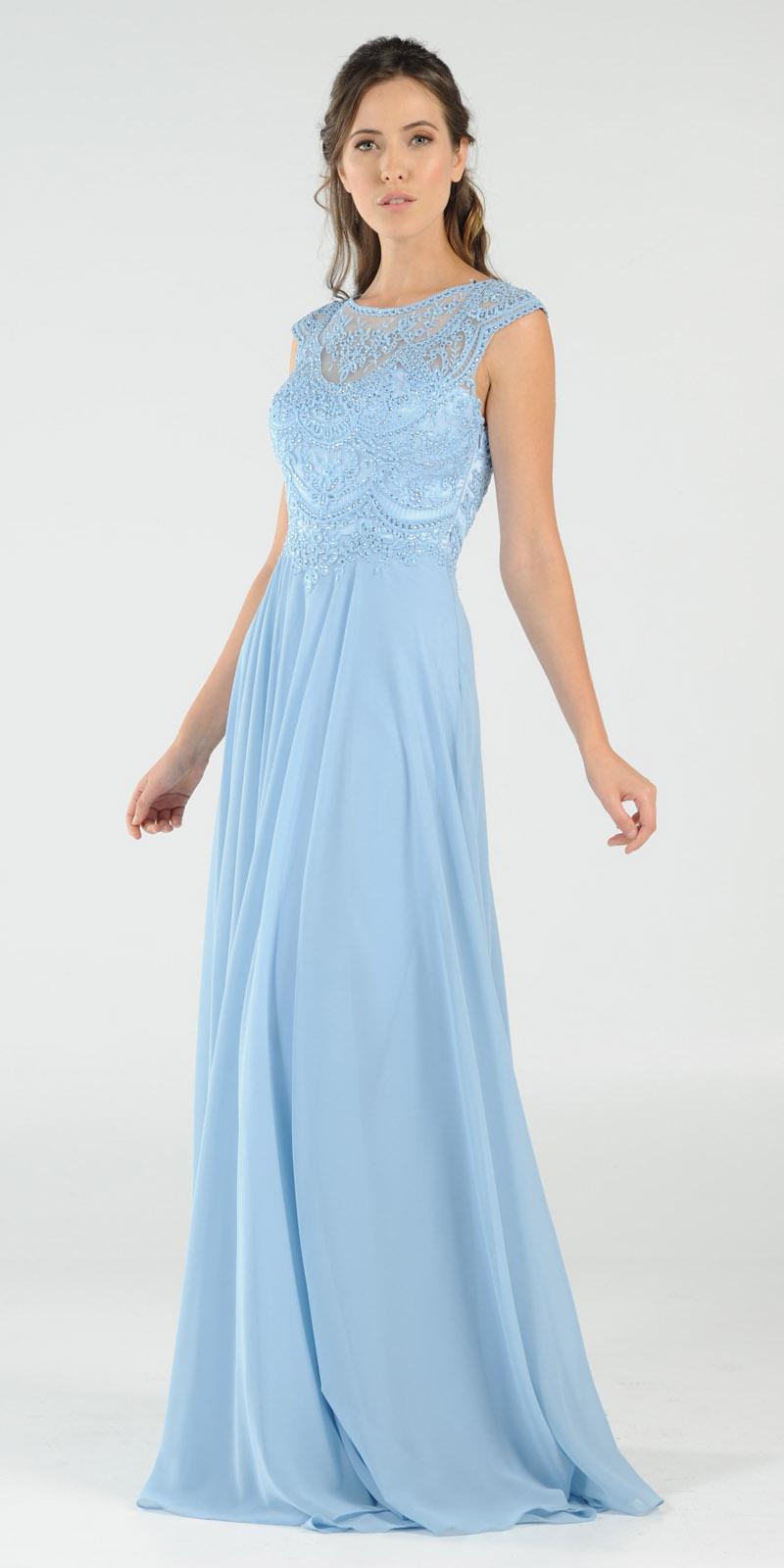Ice Blue Cap Sleeves Embroidered Long Formal Dress with Slit