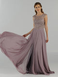 Mauve Cap Sleeves Embroidered Long Formal Dress with Slit