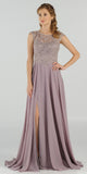 Mauve Cap Sleeves Embroidered Long Formal Dress with Slit