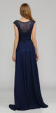 Poly USA 8254 Navy Blue Cap Sleeves Embroidered Long Formal Dress with Slit