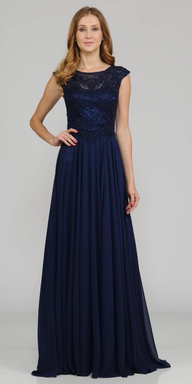 Poly USA 8254 Navy Blue Cap Sleeves Embroidered Long Formal Dress with Slit
