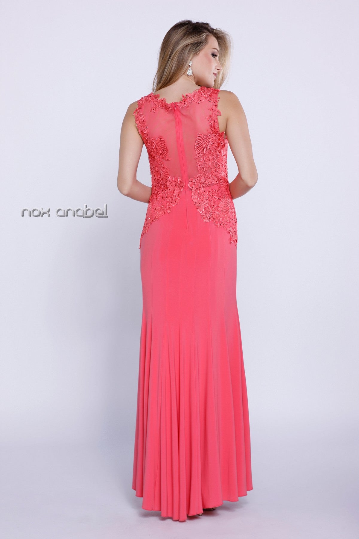 Coral Jersey V-Neck Fit and Flare Formal Gown with Lace Accent