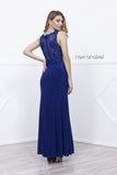 Navy Blue Jersey V-Neck Fit and Flare Formal Gown with Lace Accent