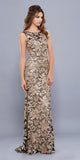 Metallic Lace Fitted Sleeveless Prom Gown Open Back Black/Gold